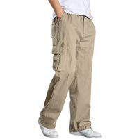 Mens Cotton Anti-wrinkle Straight Trousers Multi-pocket Solid Color Loose Fit Casual Pants