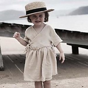 ins kids cotton linen dresses girls short sleeve lace-up dress 2021 autumn children soft comfortabler princess clothes a7439 Lightinthebox