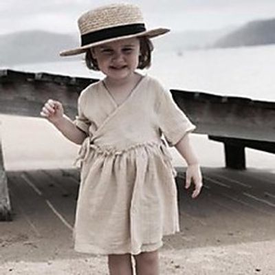 ins kids cotton linen dresses girls short sleeve lace-up dress 2021 autumn children soft comfortabler princess clothes a7439 Lightinthebox
