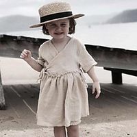 ins kids cotton linen dresses girls short sleeve lace-up dress 2021 autumn children soft comfortabler princess clothes a7439 Lightinthebox - thumbnail