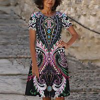 Women's T Shirt Dress Tee Dress Knee Length Dress Black Short Sleeve Floral Print Print Spring Summer Round Neck Casual 2021 S M L XL XXL 3XL Lightinthebox - thumbnail