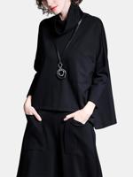 Miting Solid Black Turtleneck Women Hoodies - thumbnail