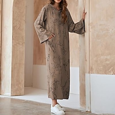 Women's Shift Dress Maxi long Dress Khaki Long Sleeve Print Pocket Print Fall Spring Hooded Casual Fashion 2022 S M L XL miniinthebox