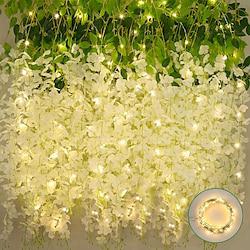 12pcs White Wisteria Hanging Flowers withLED Fairy Lights, Artificial Hanging Wisteria Garland for Wedding Party Home Backdrop Wall Decorations Lightinthebox