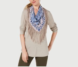 Womens Scarf-Neck Fringed Top  Neutral Heather