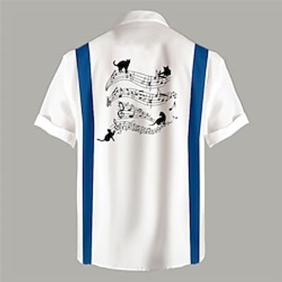 Cat Musical Notes Casual Men's Shirt Daily Wear Going out Weekend Summer Turndown Short Sleeves Black, White, Green S, M, L 4-Way Stretch Fabric Shirt Lightinthebox