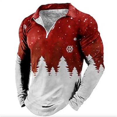 Christmas Tree Men's Casual Print 3D Zip Polo Golf Polo Outdoor Casual Daily Streetwear Christmas Polyester Long Sleeve Turndown Zip Polo Shirts Wine Blue Fall  Winter S M L Micro-elastic Lapel Polo miniinthebox