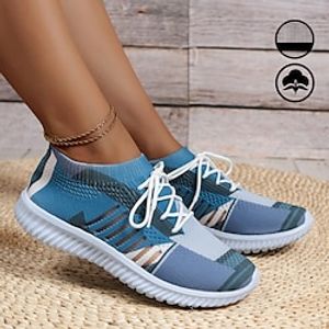 Women's Blue Geometric Contrast Splicing Graphic Print Lightweight and Comfortable Lace-up Fly Knit Sneakers Lightinthebox