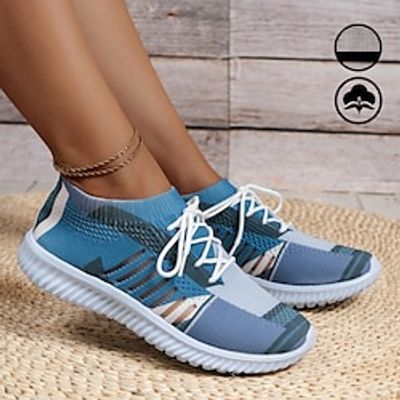 Women's Blue Geometric Contrast Splicing Graphic Print Lightweight and Comfortable Lace-up Fly Knit Sneakers Lightinthebox