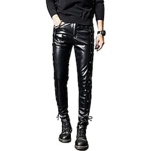 Men's Trousers Faux Leather Pants Casual Pants Pocket Straight Leg Solid Colored Comfort Wearable Outdoor Daily Faux Leather Casual Athletic Black Micro-elastic miniinthebox