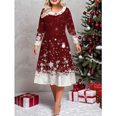 Women's Plus Size Curve Casual Dress Winter Dress Skater Dress Snowflake Midi Dress Long Sleeve Print Crew Neck Fashion Outdoor White Wine Fall Winter L XL XXL 3XL 4XL Lightinthebox