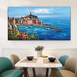 Large Mediterranean Landscape Oil Painting on canvas hand painted Impressionist Mediterranean-sea Art painting Textured Coastal Mediterranean oil painting Wall Art for Living Room wall decoration Lightinthebox