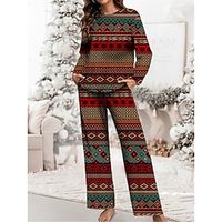Women's Christmas Pajamas Sets Geometic Color Combo Warm Retro Comfort Home Christmas Daily Polyester Gift Crew Neck Long Sleeve T shirt Tee Fall Winter Yellow Wine Lightinthebox - thumbnail