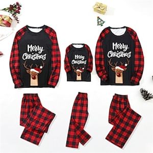 Family Look Christmas Pajamas Plaid Letter Deer Home Dark Red Long Sleeve Daily Matching Outfits miniinthebox