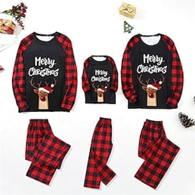 Family Look Christmas Pajamas Plaid Letter Deer Home Dark Red Long Sleeve Daily Matching Outfits miniinthebox