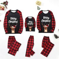 Family Look Christmas Pajamas Plaid Letter Deer Home Dark Red Long Sleeve Daily Matching Outfits miniinthebox - thumbnail