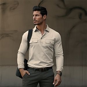 Men's Polo Shirt Button Up Polos Work Casual Lapel Long Sleeve Fashion Basic Plain Button Front Pocket Spring   Fall Regular Fit Beige Polo Shirt Lightinthebox