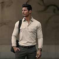 Men's Polo Shirt Button Up Polos Work Casual Lapel Long Sleeve Fashion Basic Plain Button Front Pocket Spring   Fall Regular Fit Beige Polo Shirt Lightinthebox - thumbnail