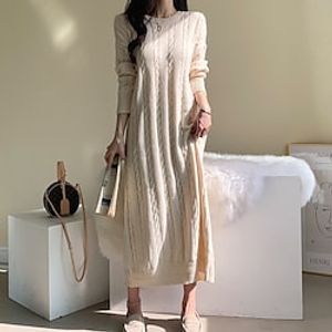 Women's Sweater Dress Winter Dress Casual Dress Midi Dress Apricot Black Long Sleeve Pure Color Knit Winter Fall Crew Neck Stylish Casual Fit 2022 One-Size Winter Dress Lightinthebox