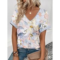 Women's T shirt Tee Floral Casual Holiday Light Blue Print Short Sleeve Fashion V Neck Regular Fit Summer Lightinthebox