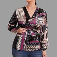 Women's Plus Size Tops Blouse Shirt Floral Polka Dot Print Long Sleeve V Neck Casual Daily Vacation Polyester Fall Winter Black miniinthebox - thumbnail