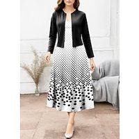 Women's Two Piece Dress Set Casual Dress Swing Dress Outdoor Date Fashion Streetwear Print Midi Dress V Neck Long Sleeve Geometric Color Block Regular Fit Black Wine Red Spring S M L XL XXL Lightinthebox - thumbnail