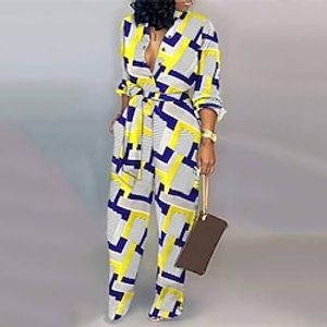 Women's Jumpsuit High Waist Print Geometric Shirt Collar Streetwear Street Going out Regular Fit Long Sleeve Yellow S M L Winter miniinthebox