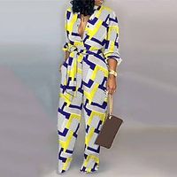 Women's Jumpsuit High Waist Print Geometric Shirt Collar Streetwear Street Going out Regular Fit Long Sleeve Yellow S M L Winter miniinthebox - thumbnail