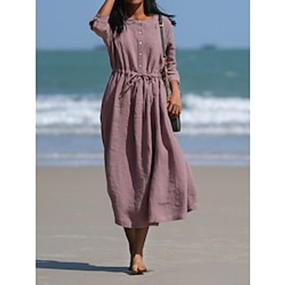 Women's Casual Dress Cotton Linen Dress Midi Dress Linen Cotton Blend Basic Classic Outdoor Daily Vacation Crew Neck Button 34 Length Sleeve Summer Spring 2023 Loose Fit Purple Plain S M L XL 2XL Lightinthebox