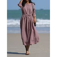 Women's Casual Dress Cotton Linen Dress Midi Dress Linen Cotton Blend Basic Classic Outdoor Daily Vacation Crew Neck Button 34 Length Sleeve Summer Spring 2023 Loose Fit Purple Plain S M L XL 2XL Lightinthebox - thumbnail