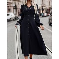 Women's Winter Dress Casual Dress Swing Dress Midi Dress Hollow Out Button Daily Date Going out Fashion Modern V Neck Long Sleeve 2023 Loose Fit Black Color S M L XL XXL Size Lightinthebox - thumbnail
