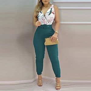 Women's Jumpsuit Lace up Print Solid Color V Neck Streetwear Daily Holiday Regular Fit Sleeveless Green Blue Army Green S M L Spring miniinthebox