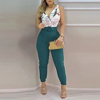 Women's Jumpsuit Lace up Print Solid Color V Neck Streetwear Daily Holiday Regular Fit Sleeveless Green Blue Army Green S M L Spring miniinthebox - thumbnail