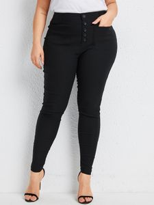YOINS Plus Size Black Button Design Pocket Design Pants