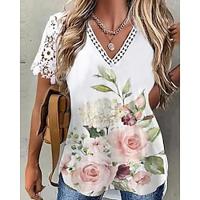 Women's Shirt Blouse Floral Daily Vacation Lace Print White Short Sleeve Casual V Neck Summer Lightinthebox