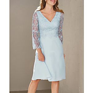 A-Line Mother of the Bride Dress Elegant V Neck Knee Length Chiffon Lace 3/4 Length Sleeve with Lace 2021 miniinthebox