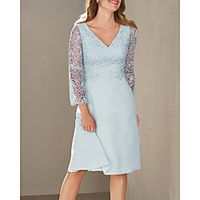 A-Line Mother of the Bride Dress Elegant V Neck Knee Length Chiffon Lace 3/4 Length Sleeve with Lace 2021 miniinthebox - thumbnail