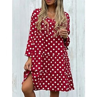 Women's Casual Dress Swing Dress Polka Dot Print Ruffle V Neck Flared Sleeve Midi Dress Streetwear A Line Street Vacation Long Sleeve Loose Fit Black White Red Fall Winter S M L XL 2XL Lightinthebox