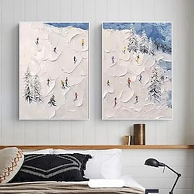 2 Set of Ski Sport Painting on Canvas Winter Painting Handpainted Texture Wall Art Skier on Snowy Mountain Art White Snow Landscape Painting For Home Room Decor Stretched Frame Ready to Hang miniinthebox