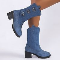 Women's Boots Cowboy Boots Plus Size Heel Boots Outdoor Daily Booties Ankle Boots Buckle Chunky Heel Round Toe Vintage Elegant PU Zipper Color Block Black Blue Lightinthebox - thumbnail
