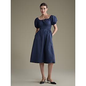 Cotton Tie Front Short Sleeve Square Neck Midi Dress