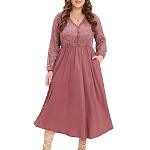 Women's Plus Size Casual Dress A Line Dress Solid Color Midi Dress Long Sleeve Lace Pocket V Neck Fashion Outdoor Pink Summer Spring XL XXL 3XL Lightinthebox