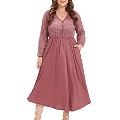 Women's Plus Size Casual Dress A Line Dress Solid Color Midi Dress Long Sleeve Lace Pocket V Neck Fashion Outdoor Pink Summer Spring XL XXL 3XL Lightinthebox