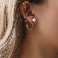 Korean personality trend ladies pearl tassel chain single ear clip ear chain earrings