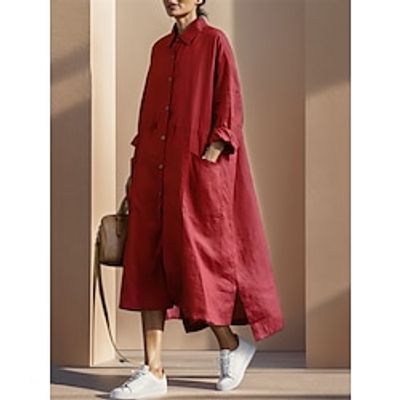 Women's Shirt Dress Casual Dress Cotton Linen Dress Midi Dress Linen Cotton Blend Basic Casual Daily Date Weekend Shirt Collar Button Basic Long Sleeve Summer Spring 2023 Loose Fit Red Plain S M L XL Lightinthebox