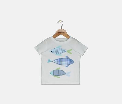 Baby Boys Plaid Fishies Cotton T-Shirt Bright White Baby Boys Plaid Fishies Cotton T-Shirt Bright White