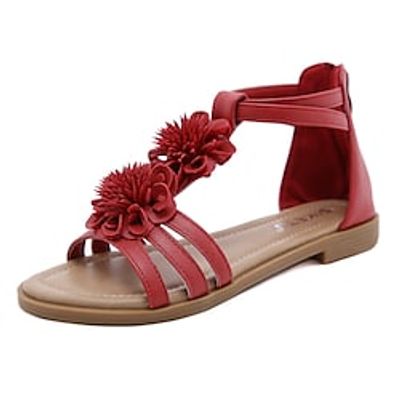 Women's Sandals Gladiator Sandals Roman Sandals Flower Flat Heel Round Toe Open Toe Elegant Casual Daily Office Walking Shoes PU Leather Zipper Spring Summer Solid Colored Almond Black Burgundy Lightinthebox