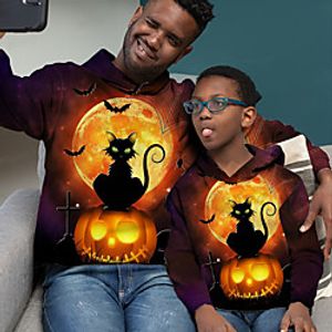 Dad and Son Halloween Hoodie Cat Pumpkin Halloween pattern Print Fuchsia Long Sleeve Daily Matching Outfits miniinthebox