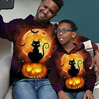 Dad and Son Halloween Hoodie Cat Pumpkin Halloween pattern Print Fuchsia Long Sleeve Daily Matching Outfits miniinthebox - thumbnail