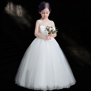 Kids Girls' Party Dress Solid Color Sheath Dress Mid-Calf Dress Performance Mesh Crew Neck Sleeveless Princess Dress 2-12 Years Summer White Lightinthebox